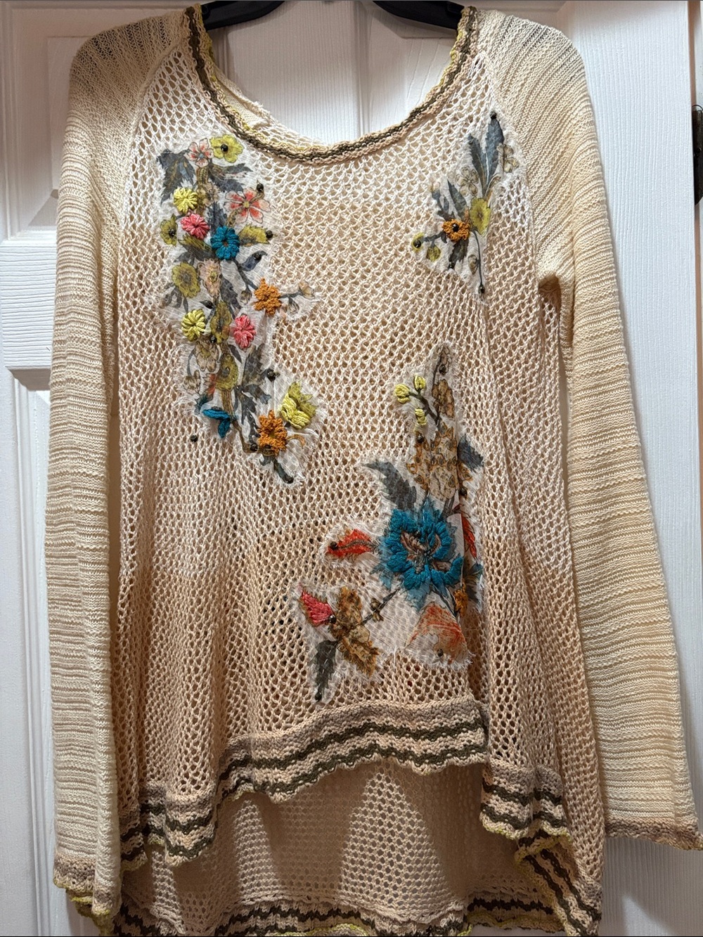 Free People Cream Open-Knit Sweater with Multicolor Floral Embroidery